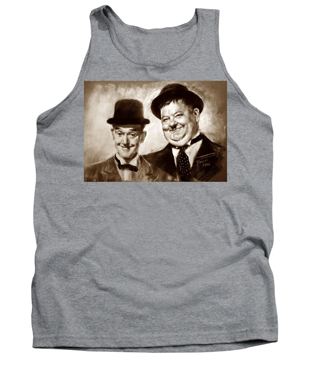 Stan Laurel Tank Top featuring the drawing Stan Laurel Oliver Hardy by Ylli Haruni