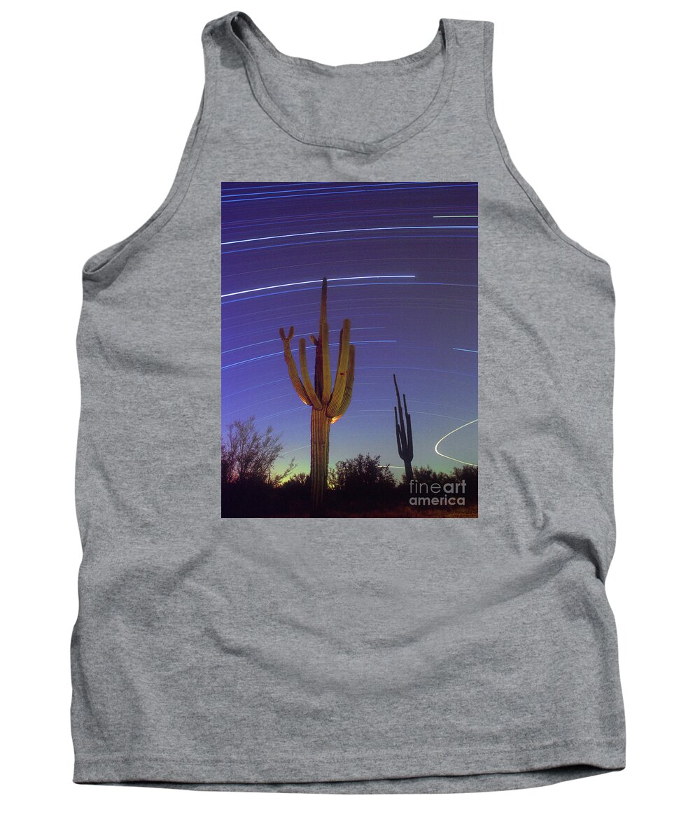 Stars Tank Top featuring the photograph Star Trails and Saguaro Cactus by Joanne West
