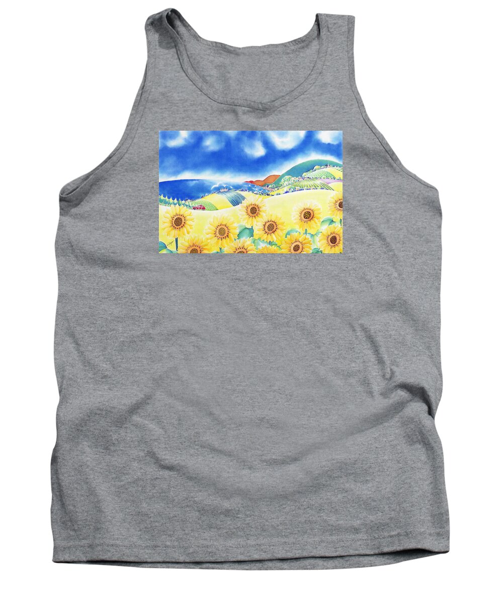 Sunflower Tank Top featuring the painting Sunflower hills by Hisayo OHTA