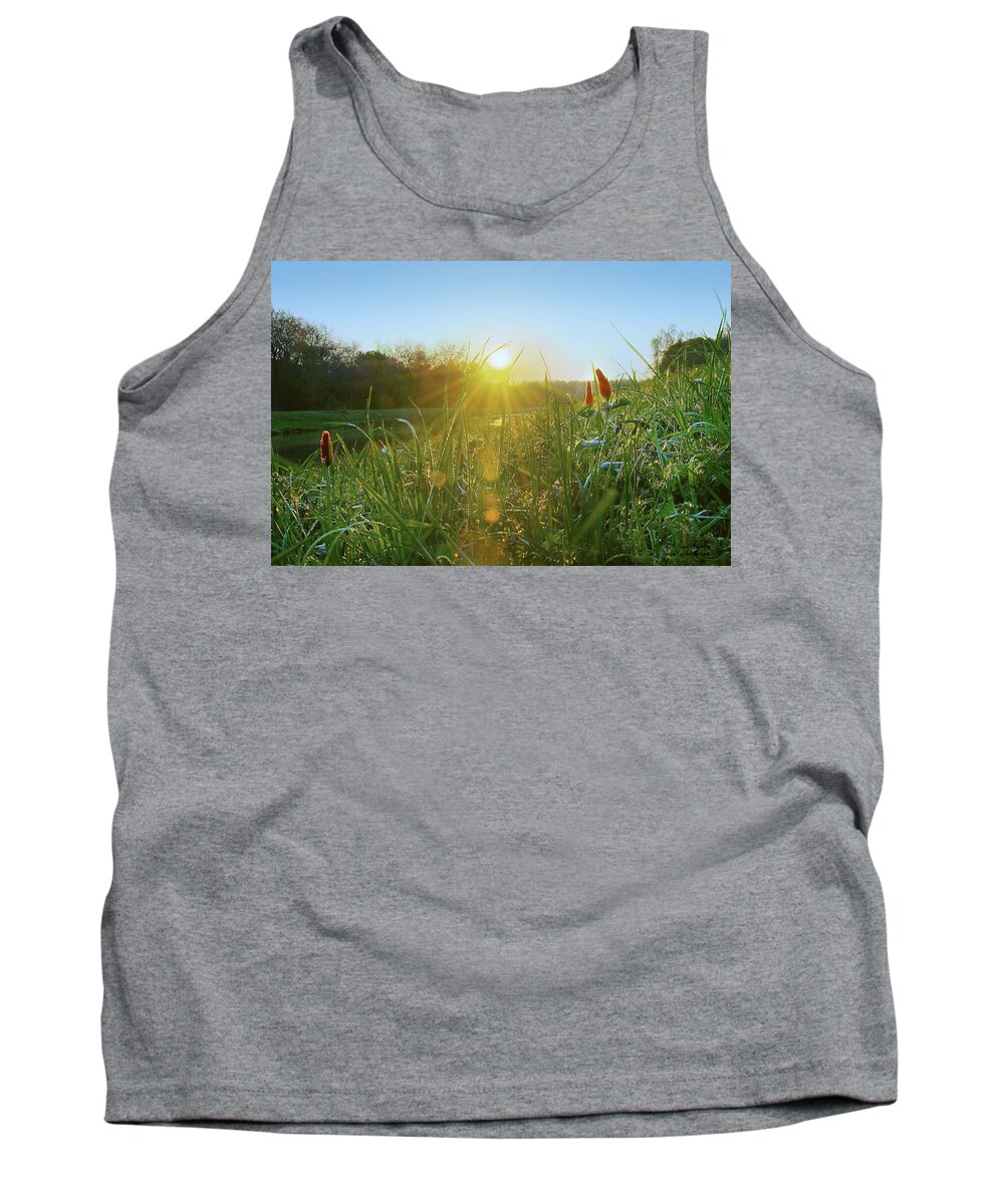 A Field Mouse Viewpoint Of An Early Spring Sunrise In Southeast Texas. Tank Top featuring the photograph Sunrise - Field Mouse View by Gerard Harrison