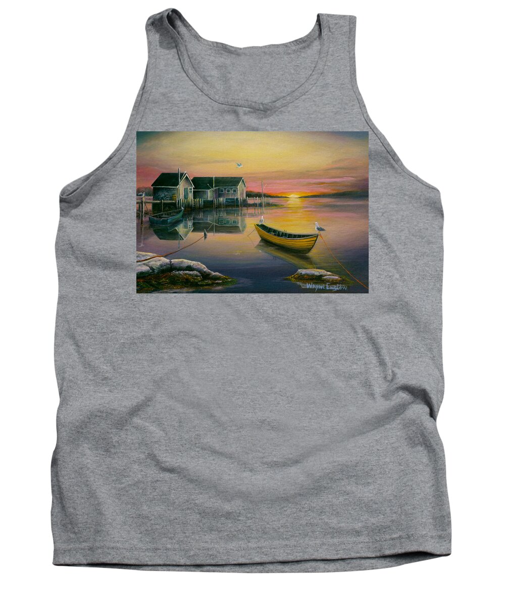 Fishing Village Tank Top featuring the painting Sunrise on Blue Rocks 2 by Wayne Enslow