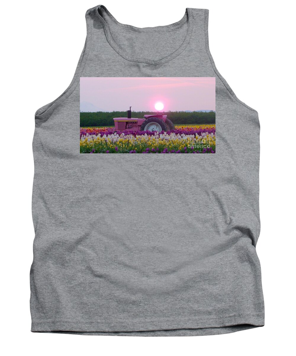 Sunrise Tank Top featuring the photograph Sunrise Pink Greets John Deere Tractor by Susan Garren