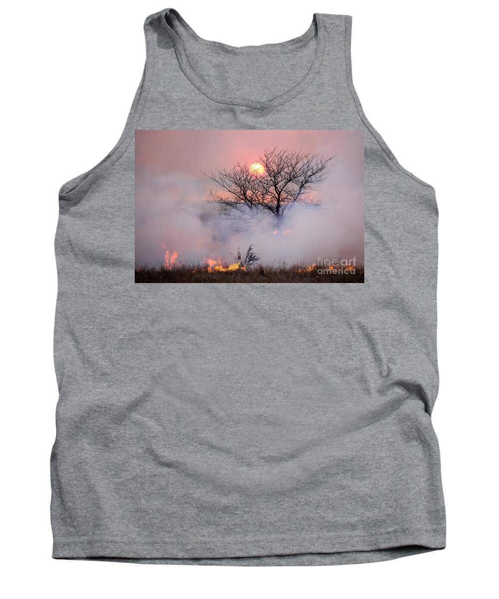 Flint Hills Tank Top featuring the photograph Sunset on a Flint Hills Burn by Lynn Sprowl