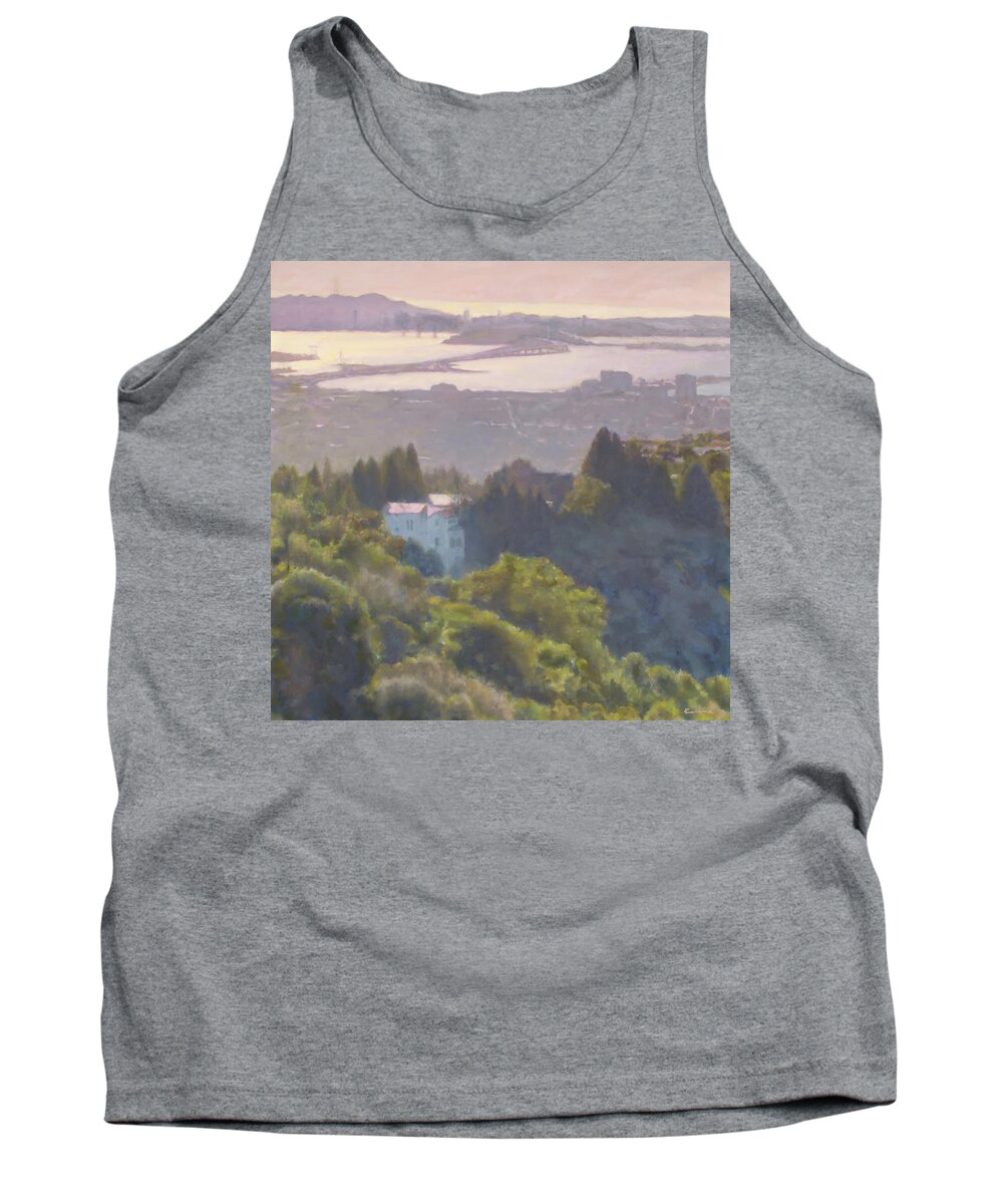 An Oil Landscape Painting Of San Francisco Bay From The Berkeley Hills In Sunset Colors. Tank Top featuring the painting Sunset San Francisco Bay by Kerima Swain