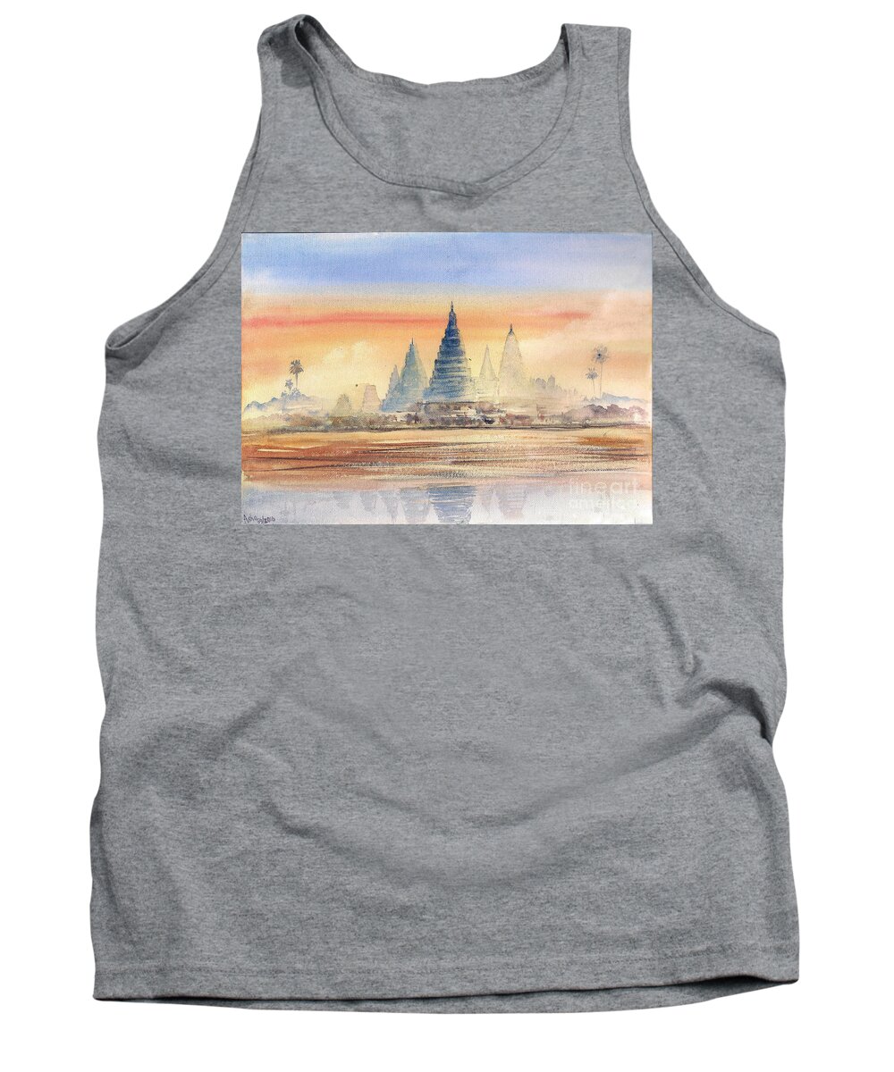 Angkor Wat Tank Top featuring the painting Temples in the dusk by Asha Sudhaker Shenoy