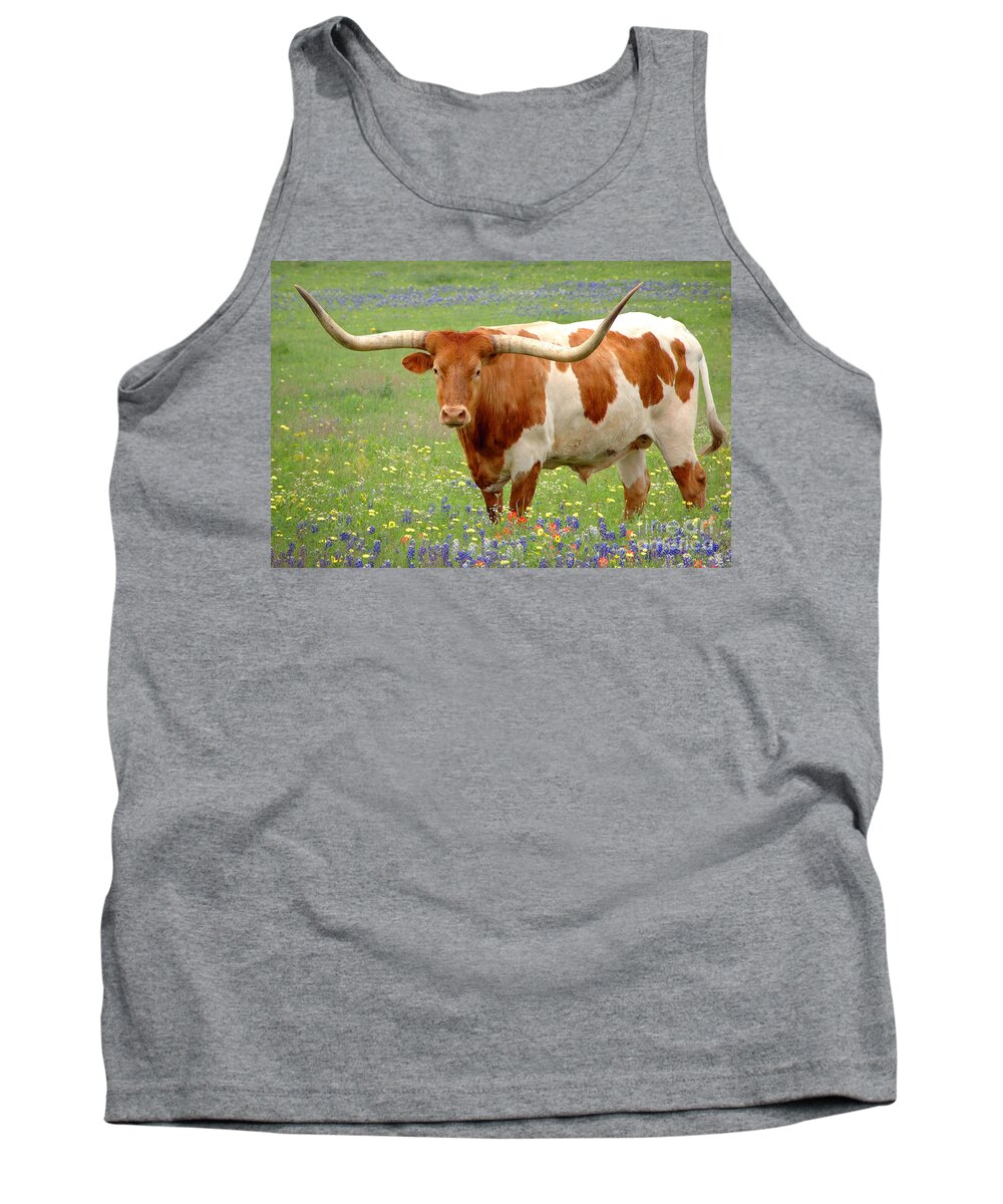 Texas Longhorn In Bluebonnets Tank Top featuring the photograph Texas Longhorn Standing in Bluebonnets by Jon Holiday