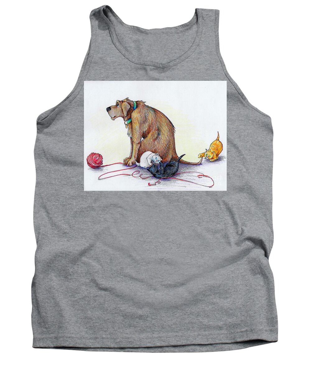 Dog Tank Top featuring the drawing The baby-sitter by K M Pawelec