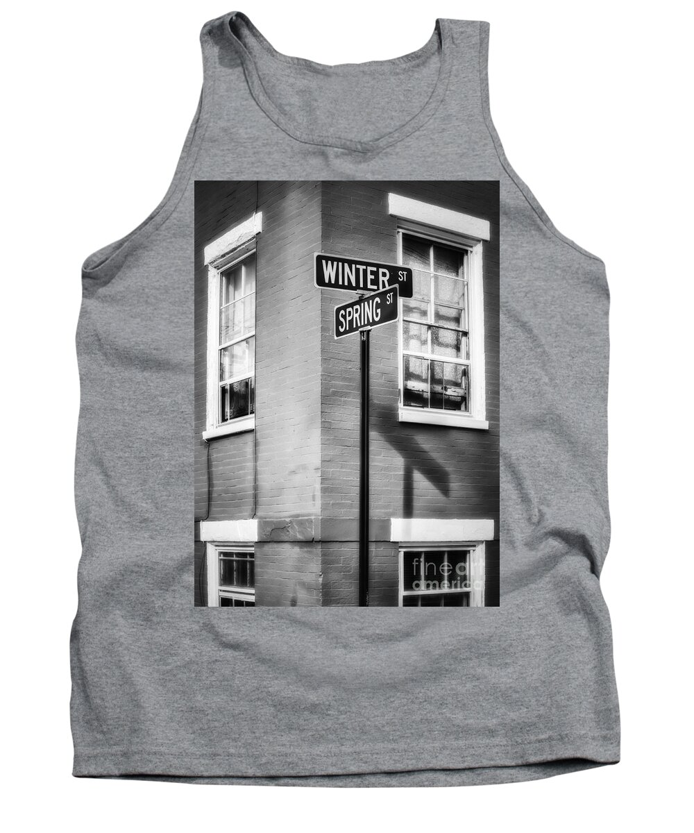 B&m Tank Top featuring the photograph The Corner of Winter and Spring bw by Jerry Fornarotto