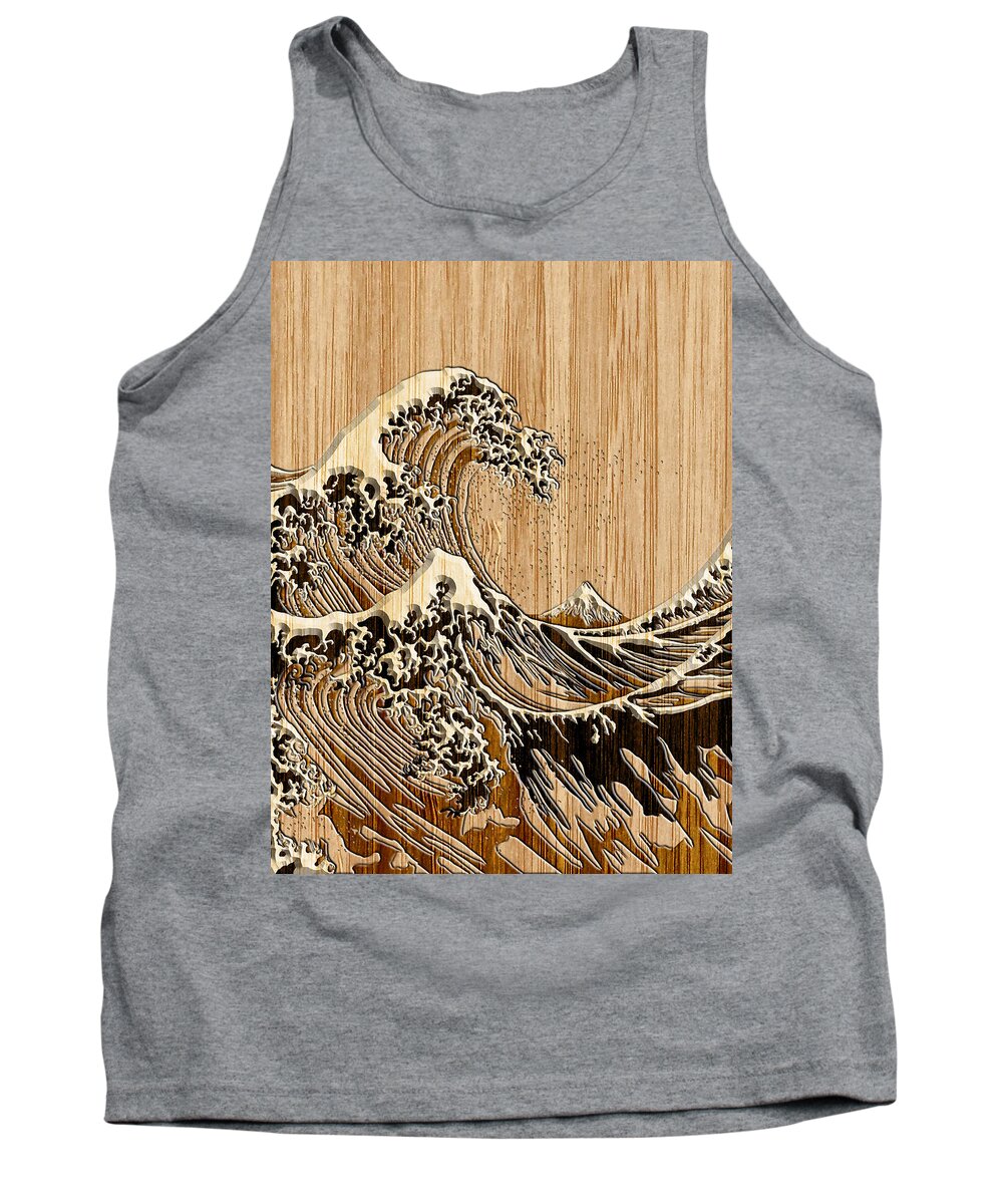 Wave Tank Top featuring the digital art The Great Hokusai Wave Bamboo Inlay Style by Garaga Designs