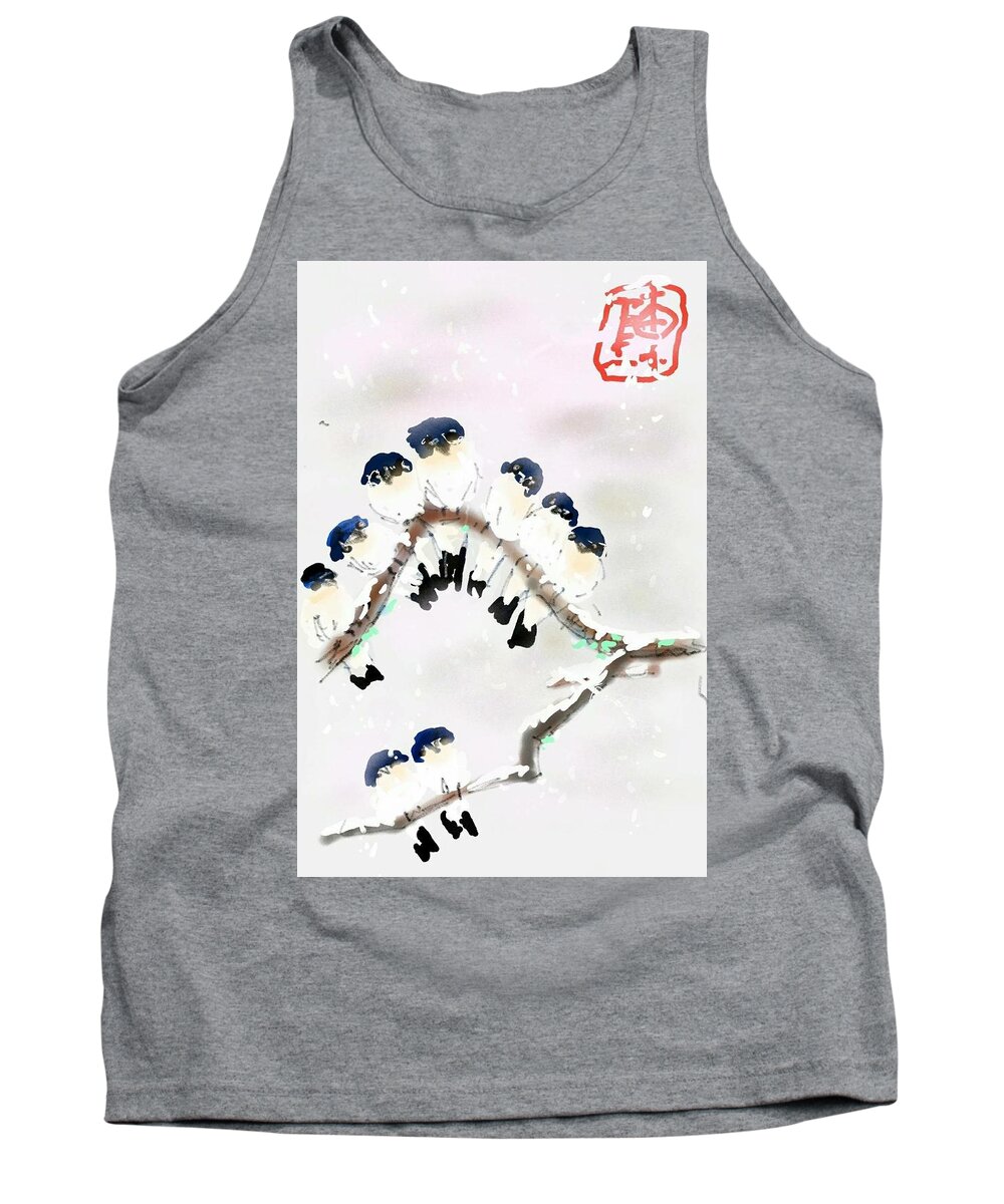 Birds. Winter. Snow Tank Top featuring the digital art The Huddle by Debbi Saccomanno Chan