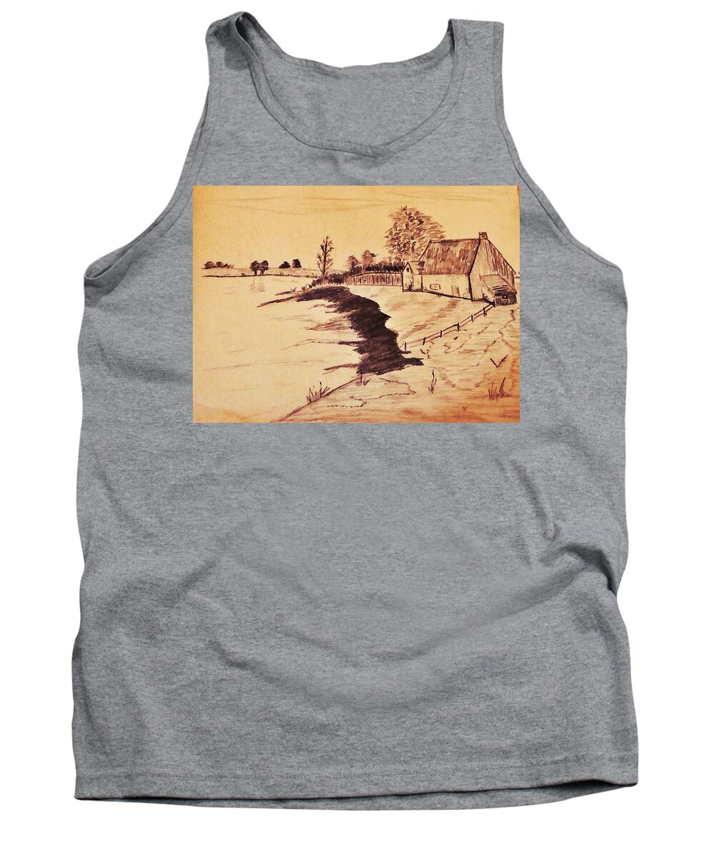 Drawing Tank Top featuring the drawing The Old Homestaed by Stacie Siemsen