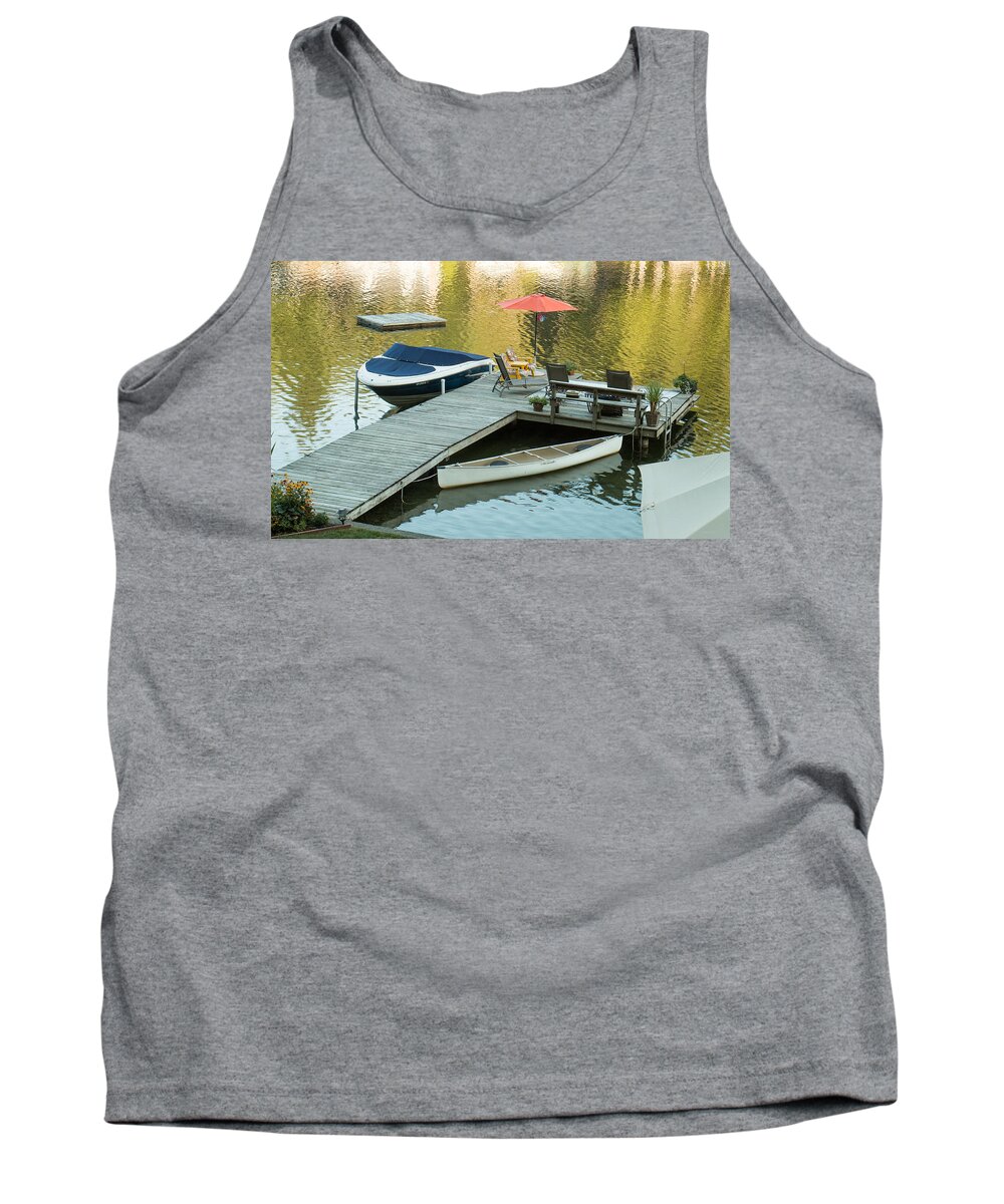 Sunflower Tank Top featuring the photograph The Red Umbrella at the Lake by E Faithe Lester