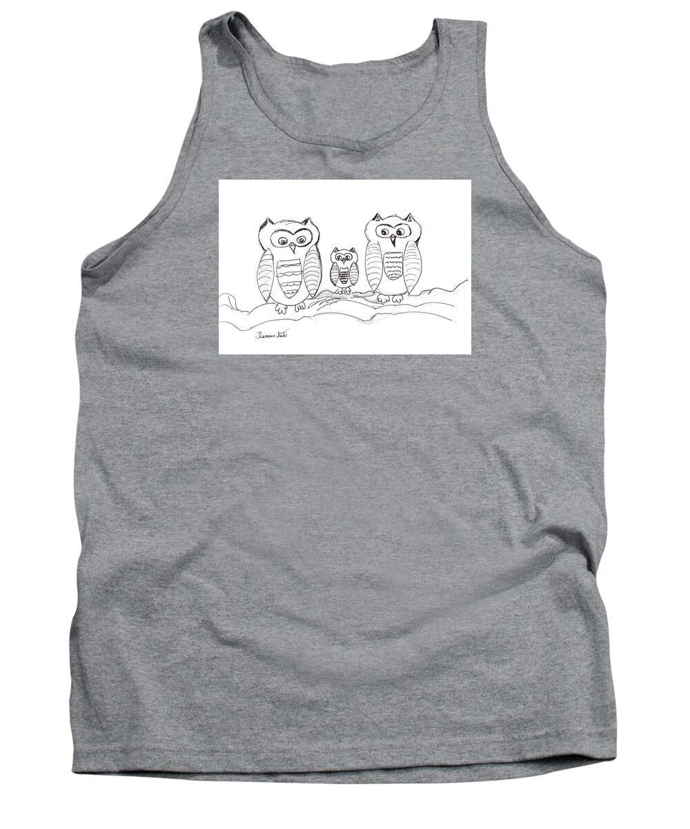 Owls Tank Top featuring the drawing Three Little Owls by Ramona Matei
