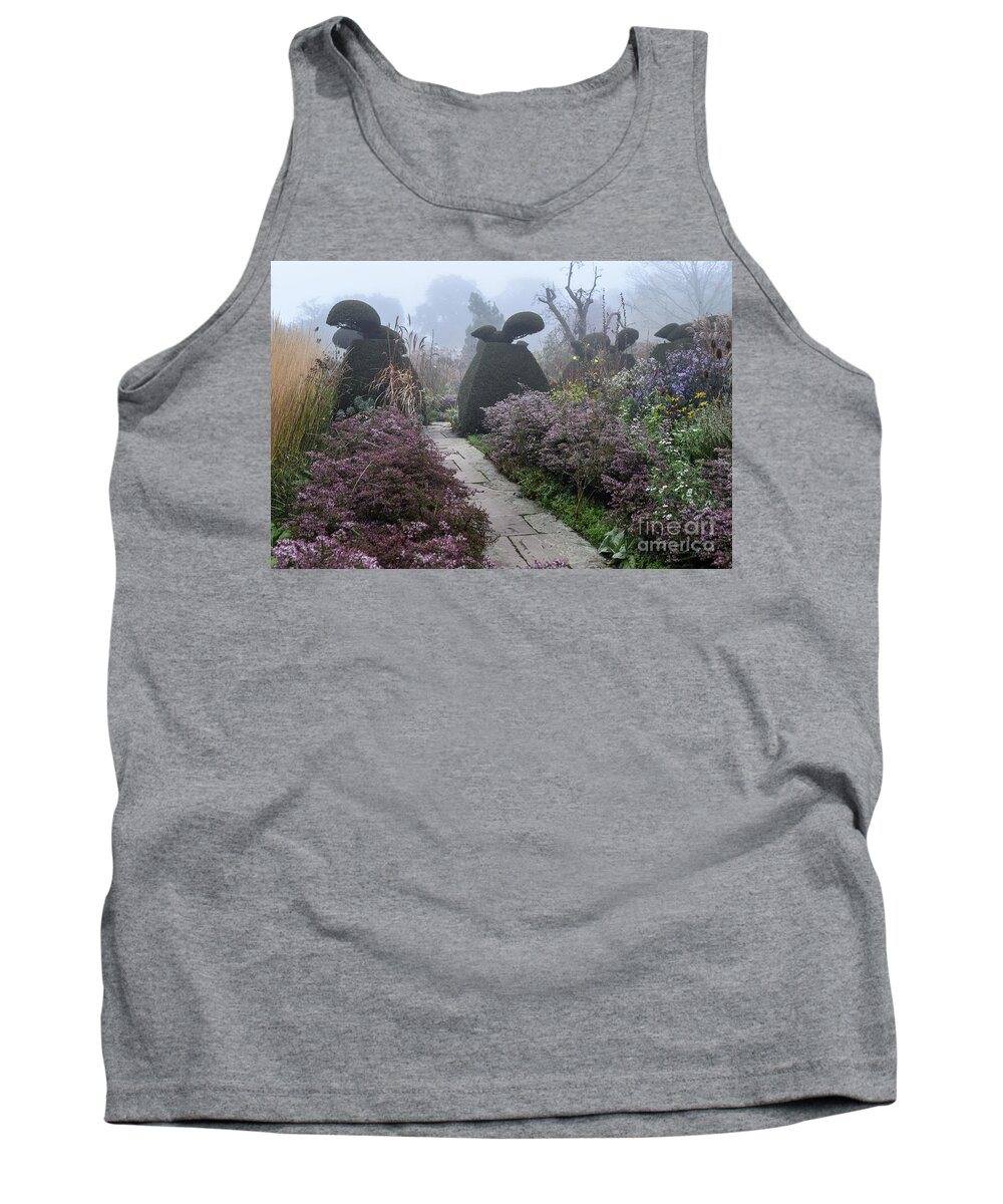 Topiary Tank Top featuring the photograph Topiary Peacocks in the Autumn Mist, Great Dixter by Perry Rodriguez
