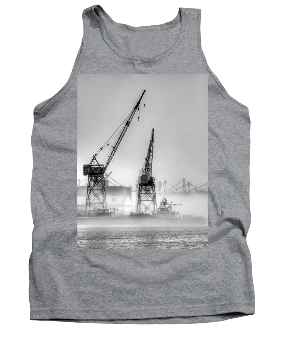 Los Angeles Harbor Tank Top featuring the photograph Tug with Cranes by Joe Schofield