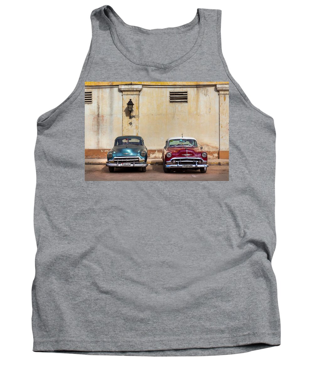 Old Tank Top featuring the photograph Two Old Vintage Chevys Havana Cuba by Charles Harden