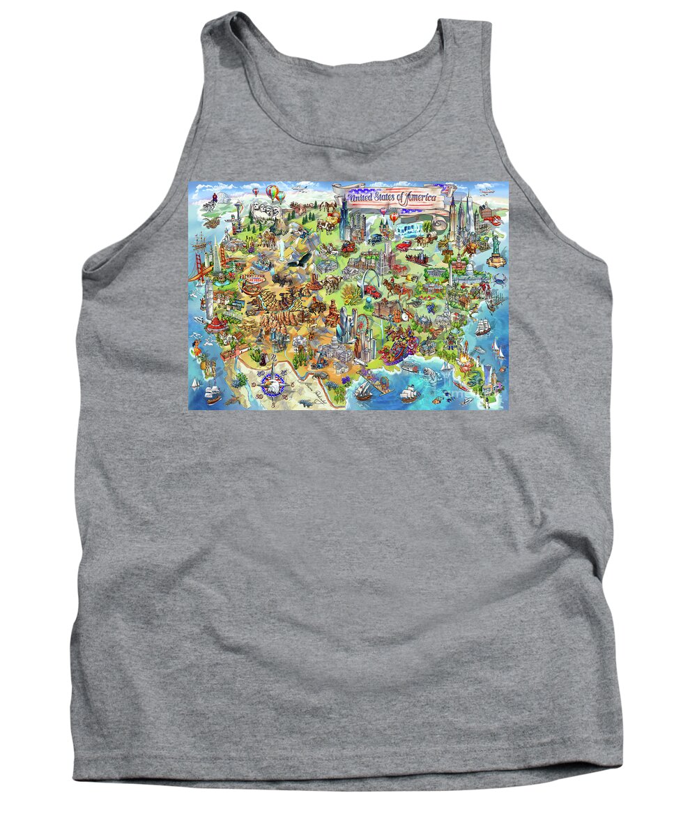 Los Angeles Tank Top featuring the painting USA Wonders Map Illustration by Maria Rabinky