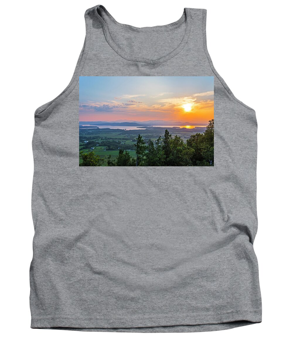 Adirondacks Tank Top featuring the photograph Vibrant sunset over Lake Champlain and the Adirondacks from Mount Philo Charlotte Vermont by Toby McGuire