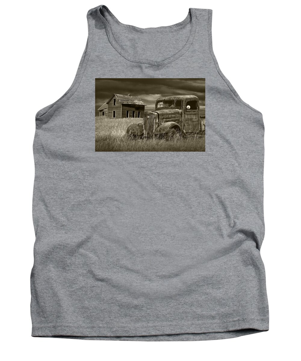 Landscape Tank Top featuring the photograph Vintage Pickup in Sepia Tone by an Abandoned Farm House by Randall Nyhof