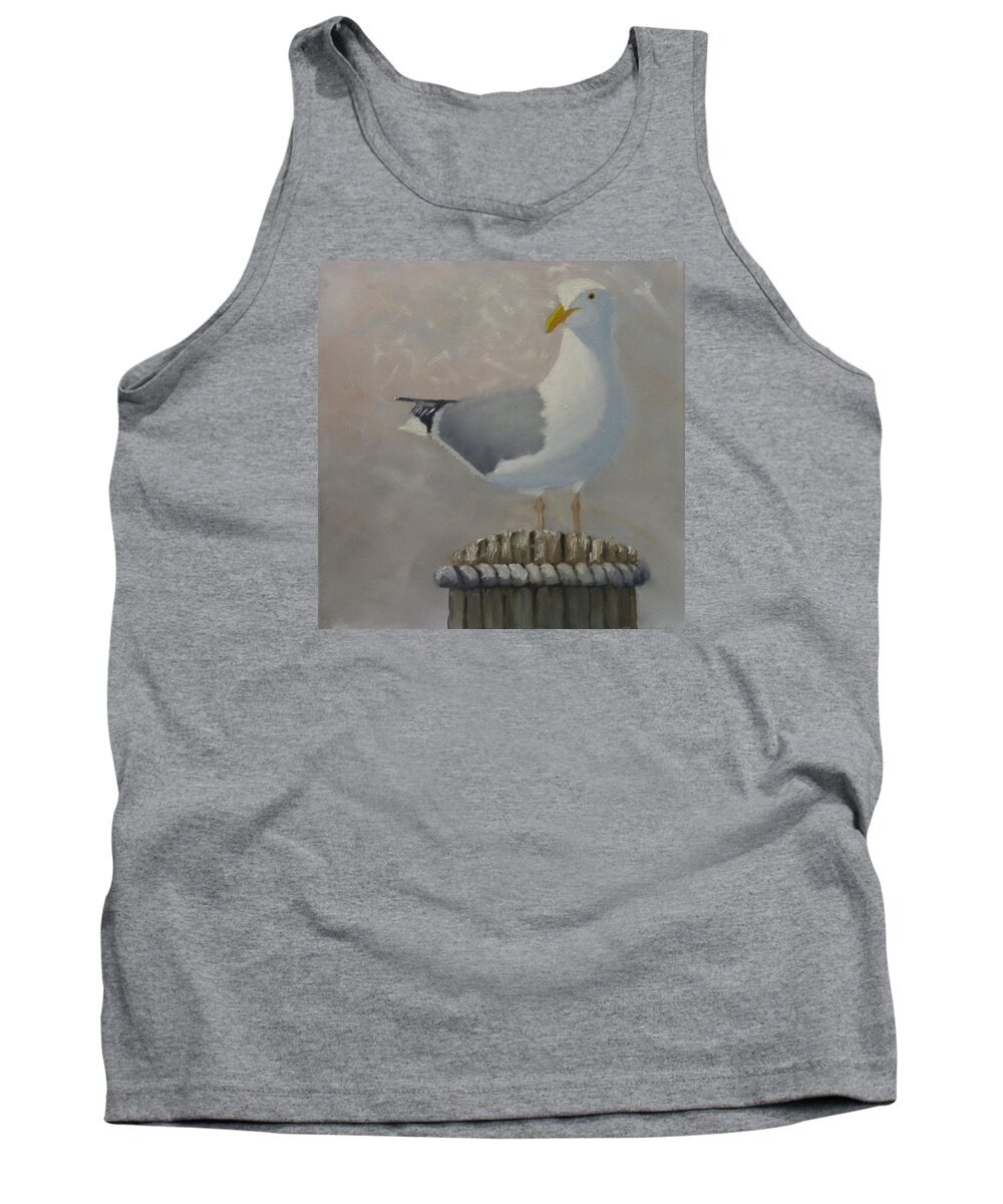 Bird Seagull Ocean Harbor Water Dock Seascape Landscape Tank Top featuring the painting Waiting For Lunch by Scott W White