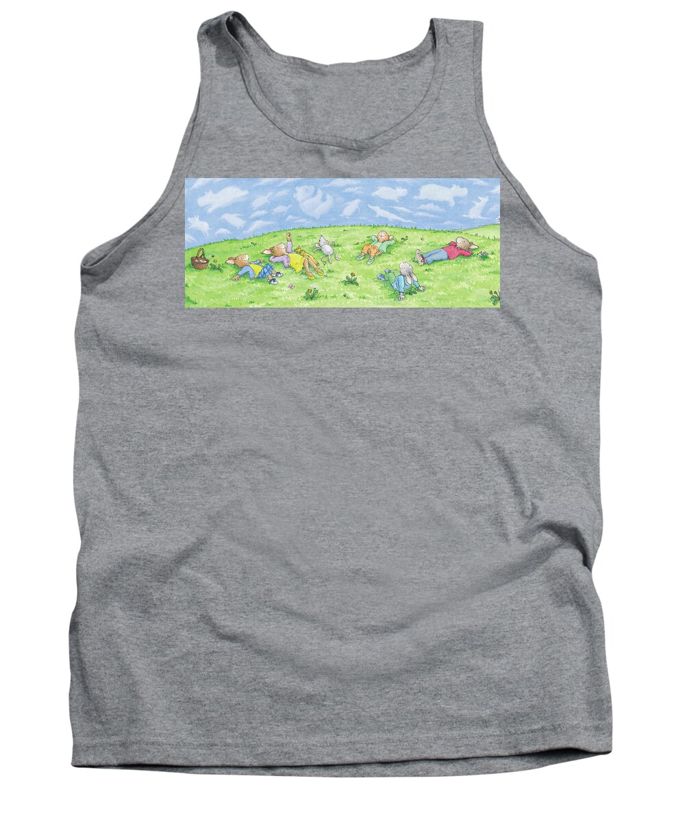 Breezy Bunnies Tank Top featuring the painting Watching the Clouds Roll By -- No Text by June Goulding