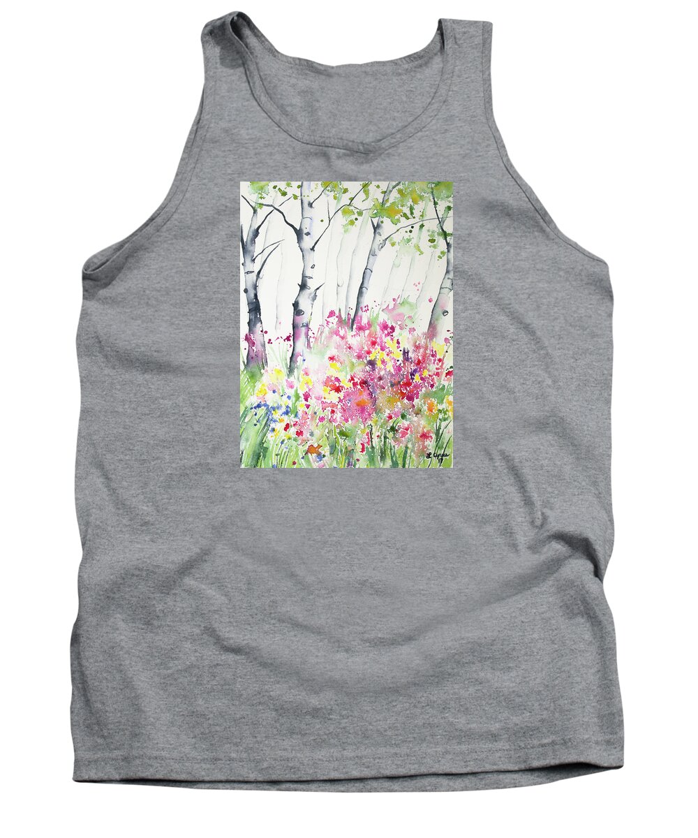 Aspen Tank Top featuring the painting Watercolor - Birch and Wildflowers by Cascade Colors