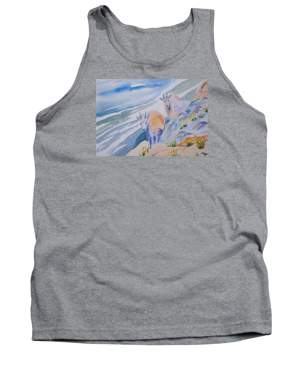 Mountain Goat Tank Top featuring the painting Watercolor - Mountain Goats on Quandary by Cascade Colors