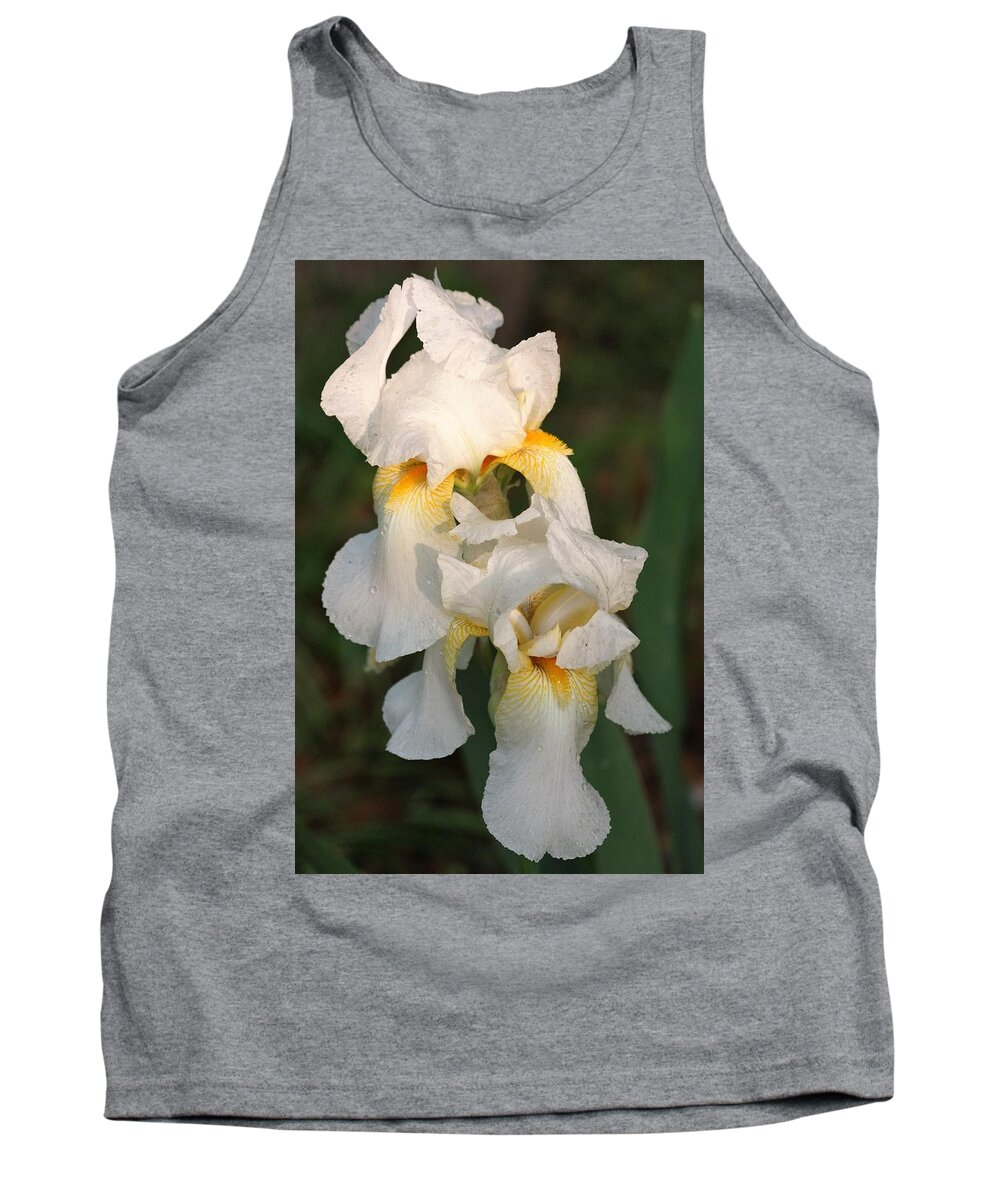 Nature Tank Top featuring the photograph Two White Bearded Iris at Dusk by Sheila Brown