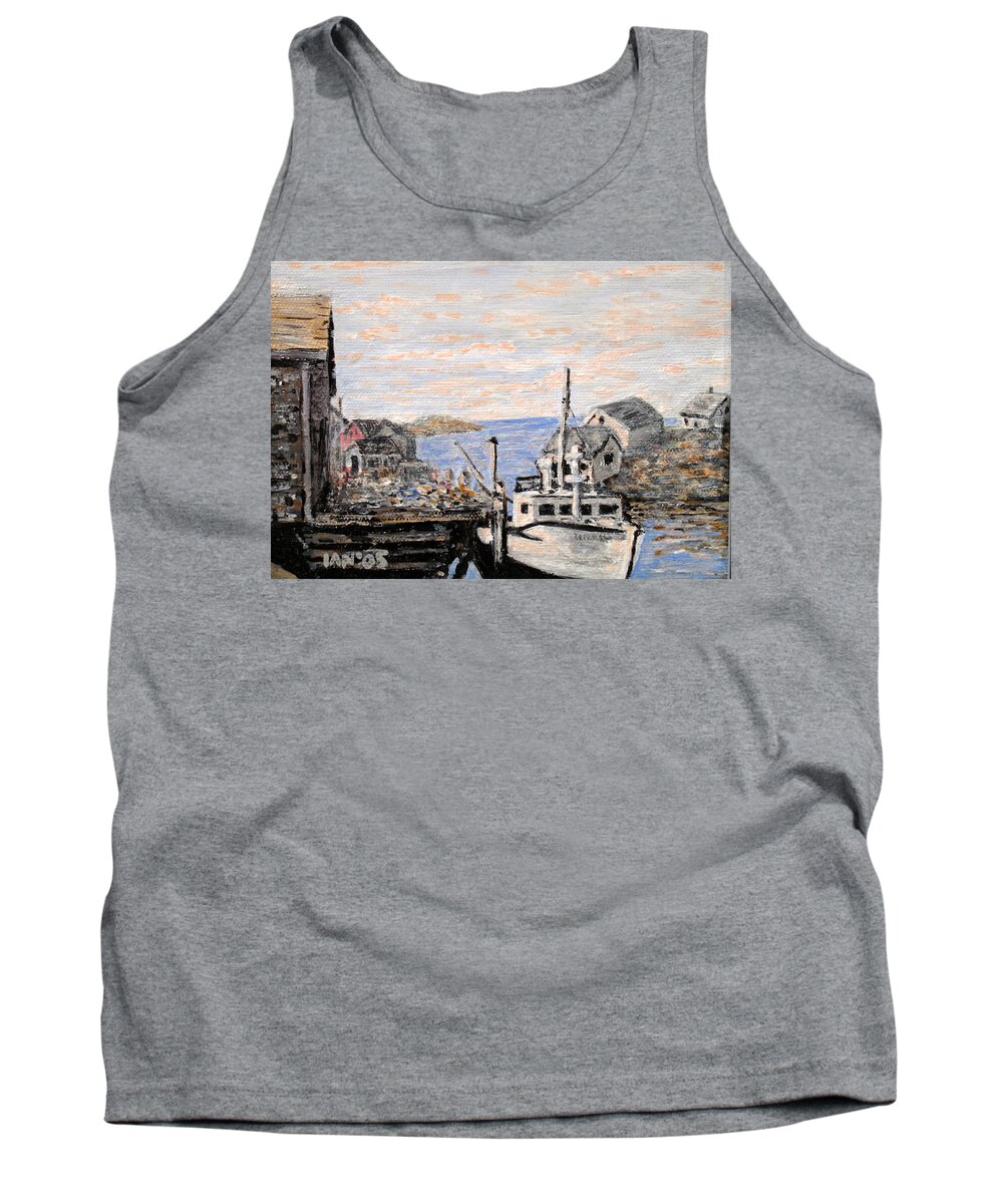 White Tank Top featuring the painting White Boat in Peggys Cove Nova Scotia by Ian MacDonald