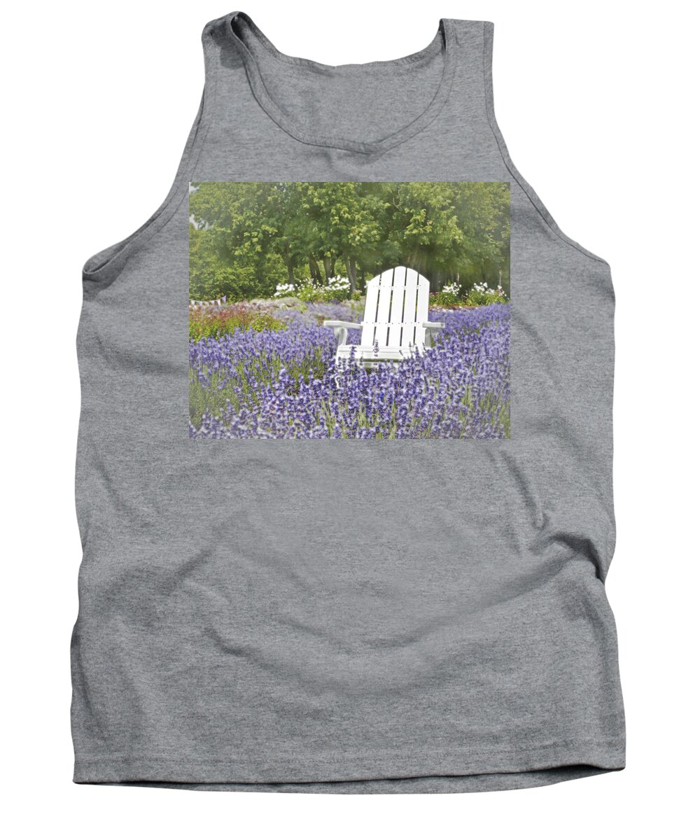 Adirondack Chair Tank Top featuring the photograph White Chair in a Field of Lavender Flowers by Brooke T Ryan