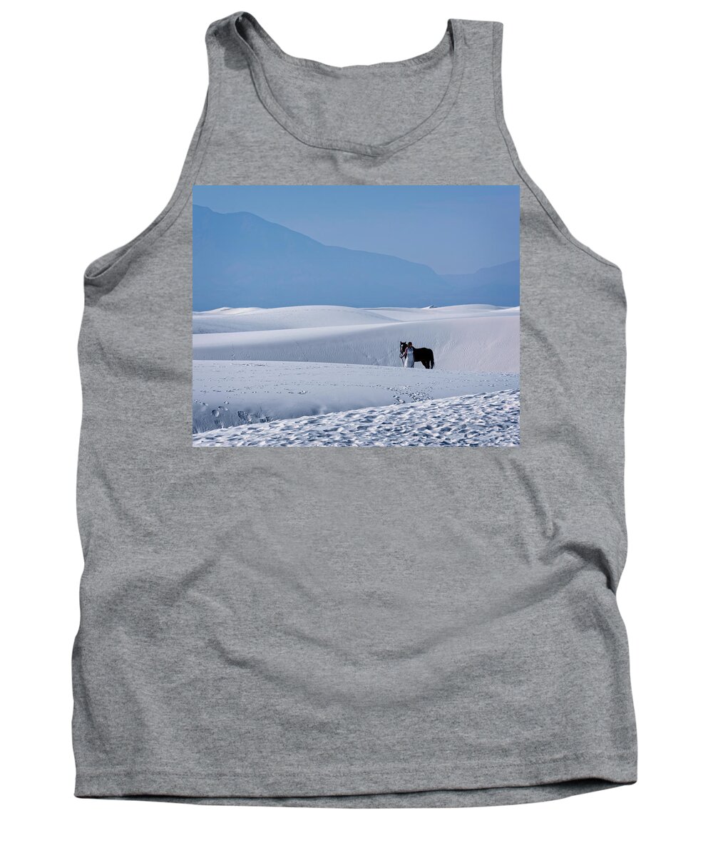 White Sands Tank Top featuring the photograph White Sands Horse and Rider #5b by Walter Herrit