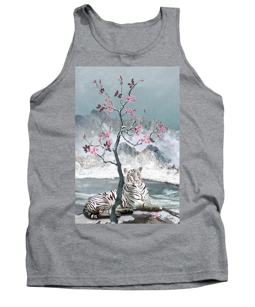Tiger; Bengal; White Tiger; White; Winter; Snow; Mountains; Plum; Plum Tree; Blossoms; Plum Blossoms; Landscape; Asian; Chinese; China; Spadecaller; Digital; Digital Painting Tank Top featuring the digital art White Tiger And Plum Tree by M Spadecaller