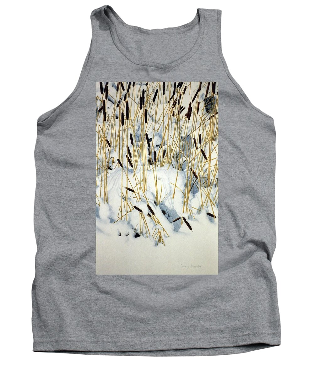 Cattails Tank Top featuring the painting Winter Cattails by Conrad Mieschke