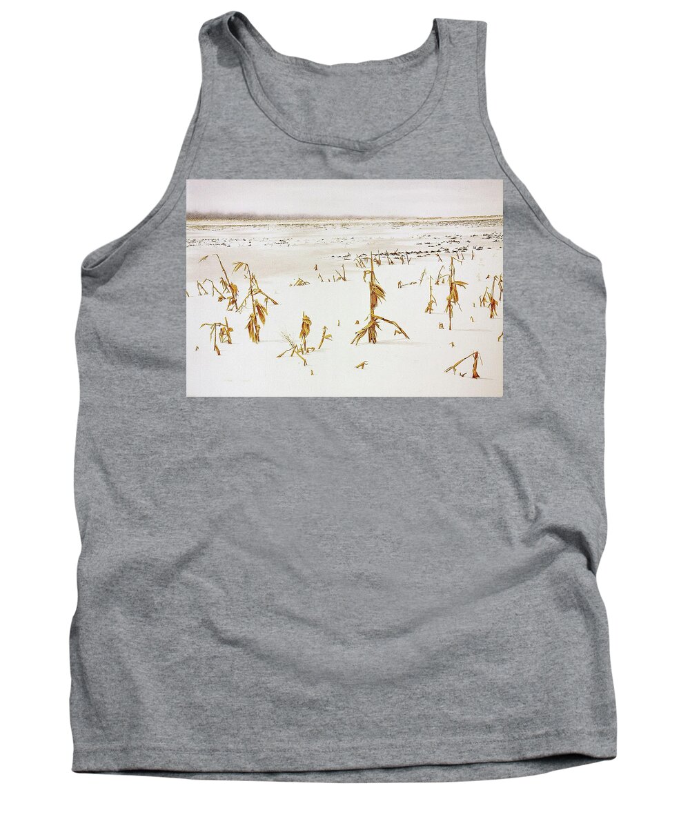 Snow Tank Top featuring the painting Winter Cornfield by Conrad Mieschke