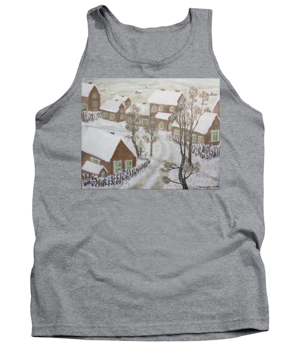 Winter Tank Top featuring the painting Winter in Poland by Elzbieta Goszczycka