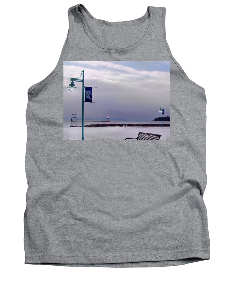 Lake Champlain Tank Top featuring the photograph Winter Lights to Rock Point - Derivative of Evening Sentries at the Coast Guard Station by Felipe Adan Lerma