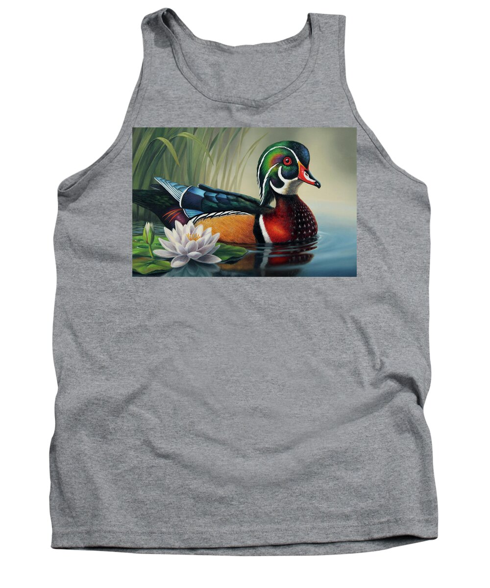 Duck Tank Top featuring the painting Wood Duck and Lily Pad by Guy Crittenden