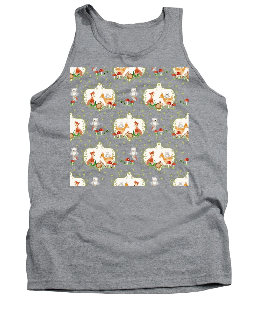 Trendy Tank Top featuring the painting Woodland Fairy Tale - Mint Green Sweet Animals Fox Deer Rabbit owl - Half Drop Repeat by Audrey Jeanne Roberts