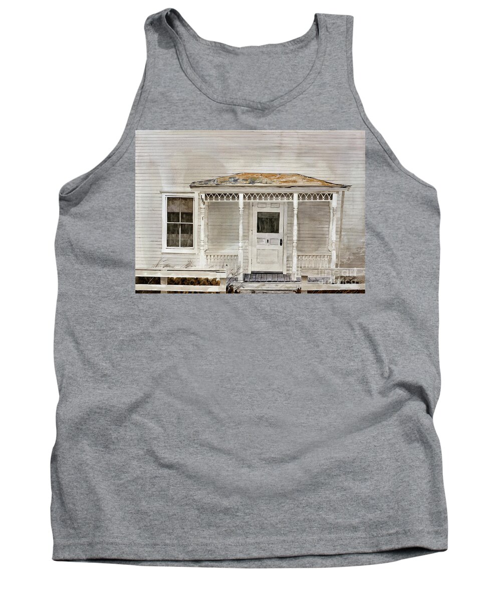 A Front Porch With Decorative Trim Graces A Weathering House At The Shaker Village Of Sabbeth Day Lake Tank Top featuring the painting Would Mother Ann Approve by Monte Toon