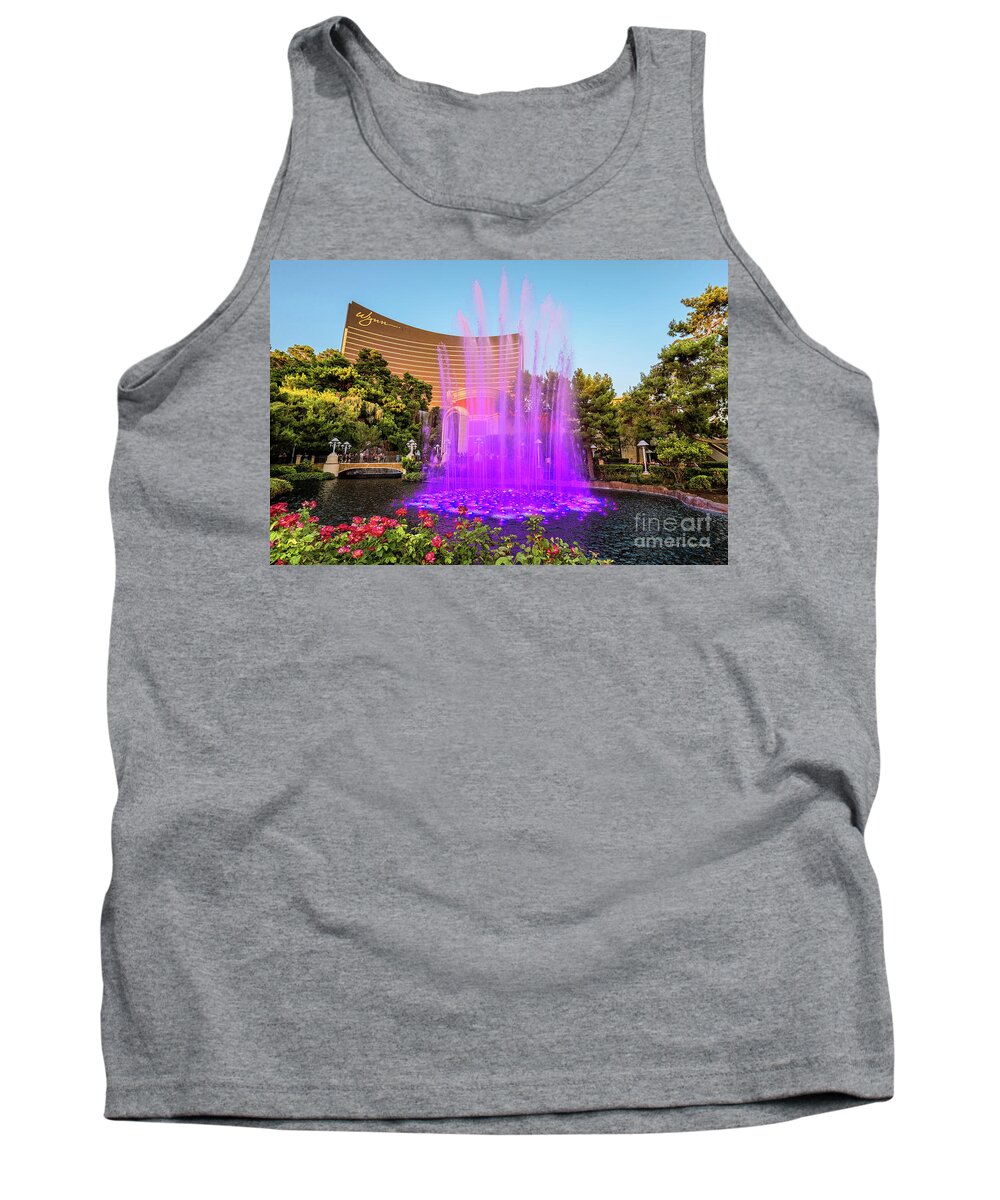 Wynn Casino Fountain Show Tank Top featuring the photograph Wynn Casino Fountains Purple Burst in the Afternoon by Aloha Art