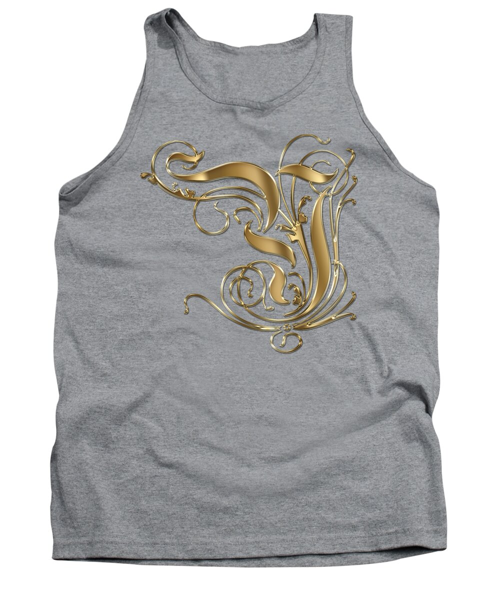 Gold Letter B Tank Top featuring the painting Y Ornamental Letter Gold Typography by Georgeta Blanaru