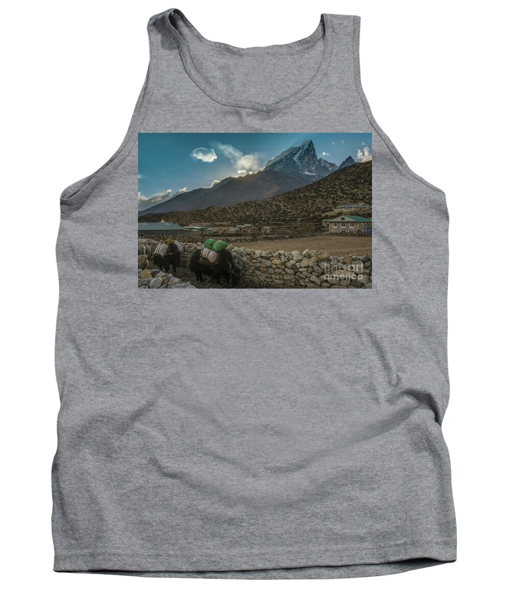 Everest Tank Top featuring the photograph Yaks Moving Through Dingboche by Mike Reid