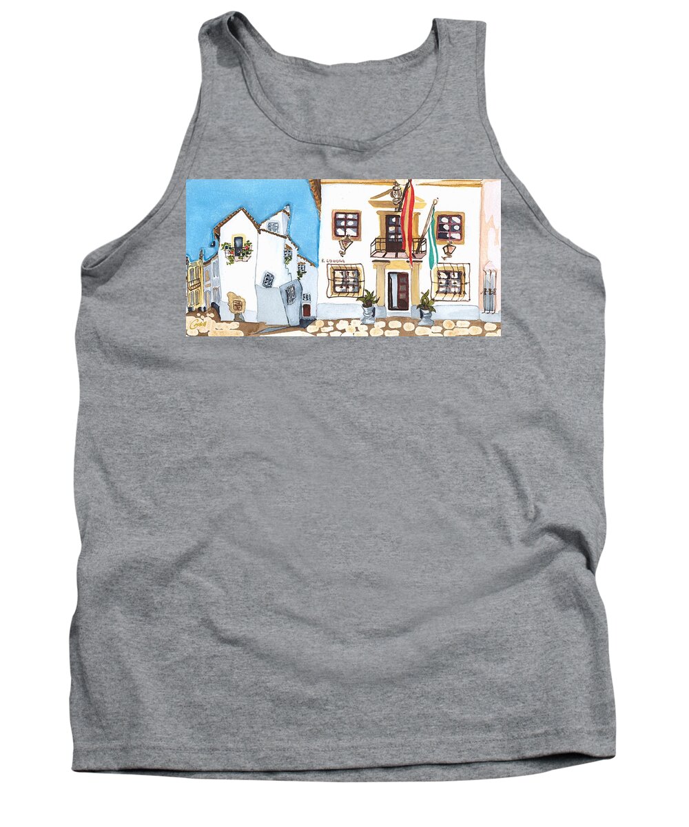 Spain Andalusia Historic Fantasy Village Architecture Impressionist Tank Top featuring the painting Zahara, Andalusia by Joan Cordell