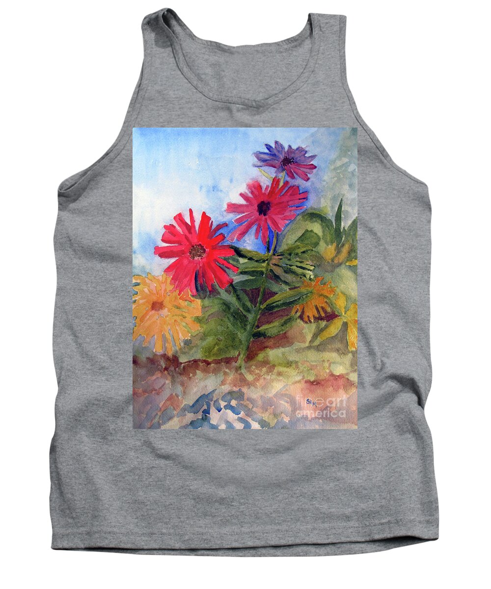 Zinnias Tank Top featuring the painting Zinnias in the Garden by Sandy McIntire