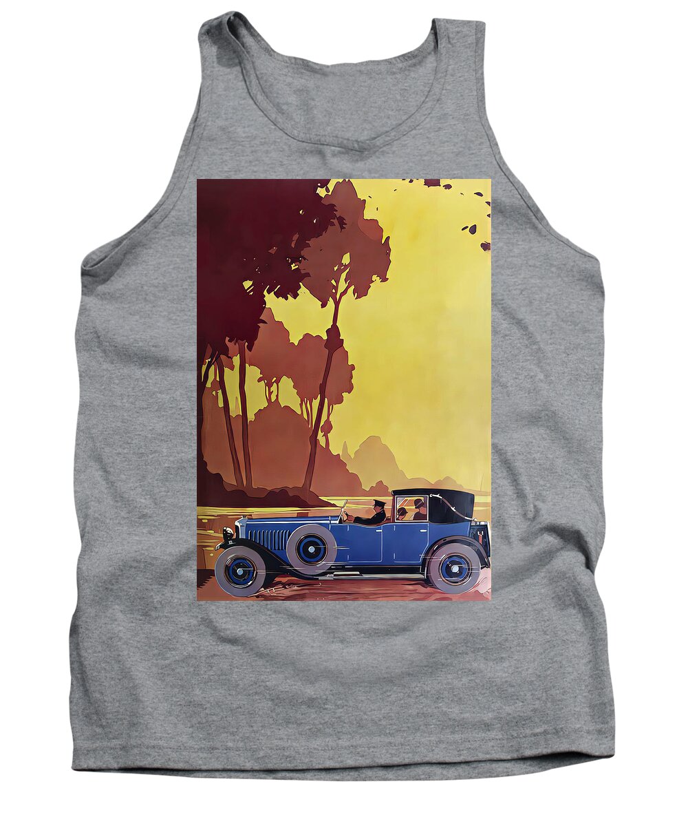 Vintage Tank Top featuring the mixed media 1926 Town Car With Driver And Occupants Lakeside Setting 1927 Farmer And Tractor Field Setting Original French Art Deco Illustration by Retrographs