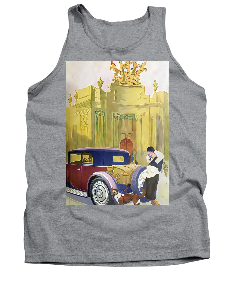 Vintage Tank Top featuring the mixed media 1929 Bugatti T40 With Woman And Dog Original French Art Deco Illustration by Retrographs