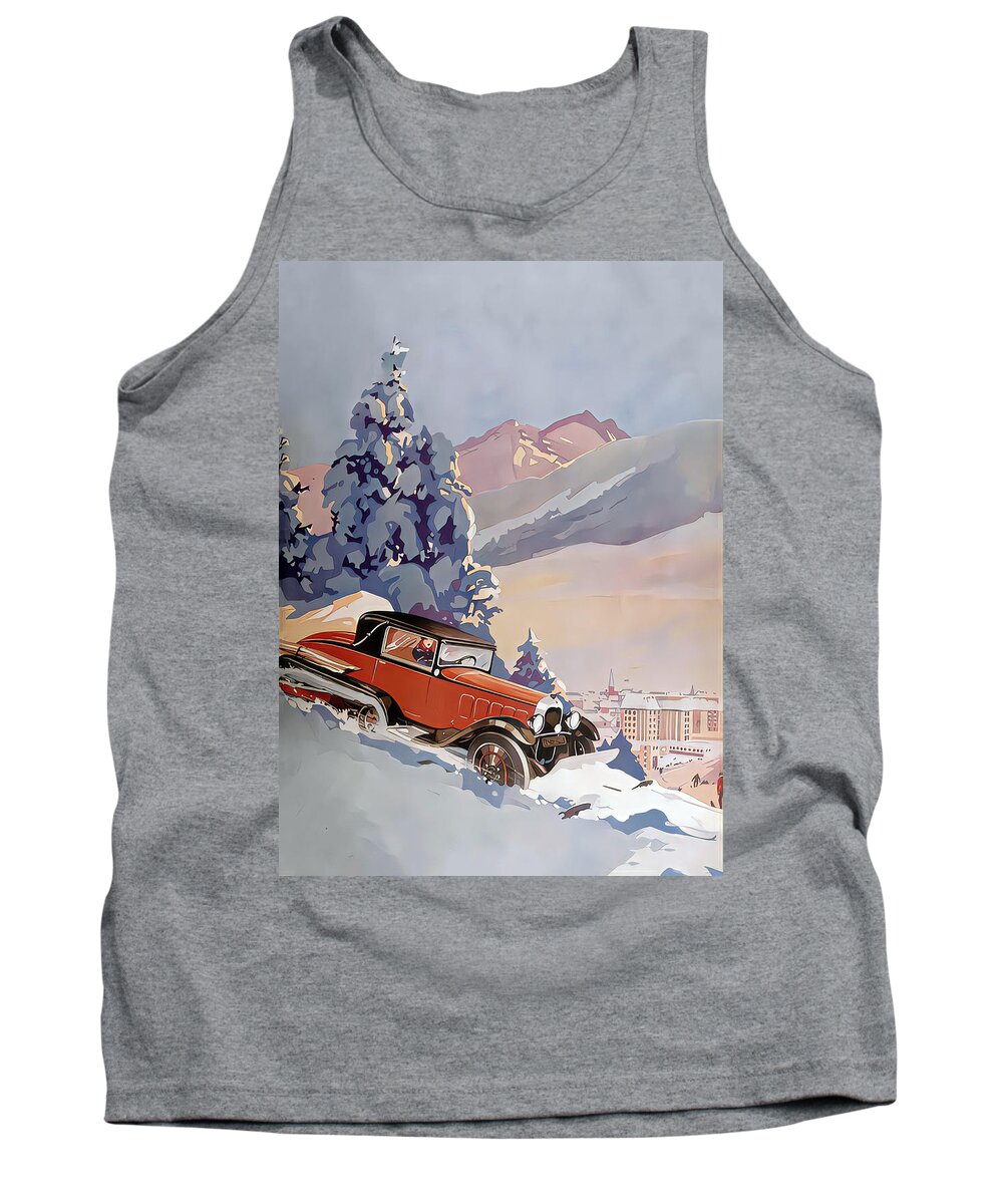Vintage Tank Top featuring the mixed media 1932 Chrysler Coupe Snow Plowing Alpine Mountain Original French Art Deco Illustration by Retrographs