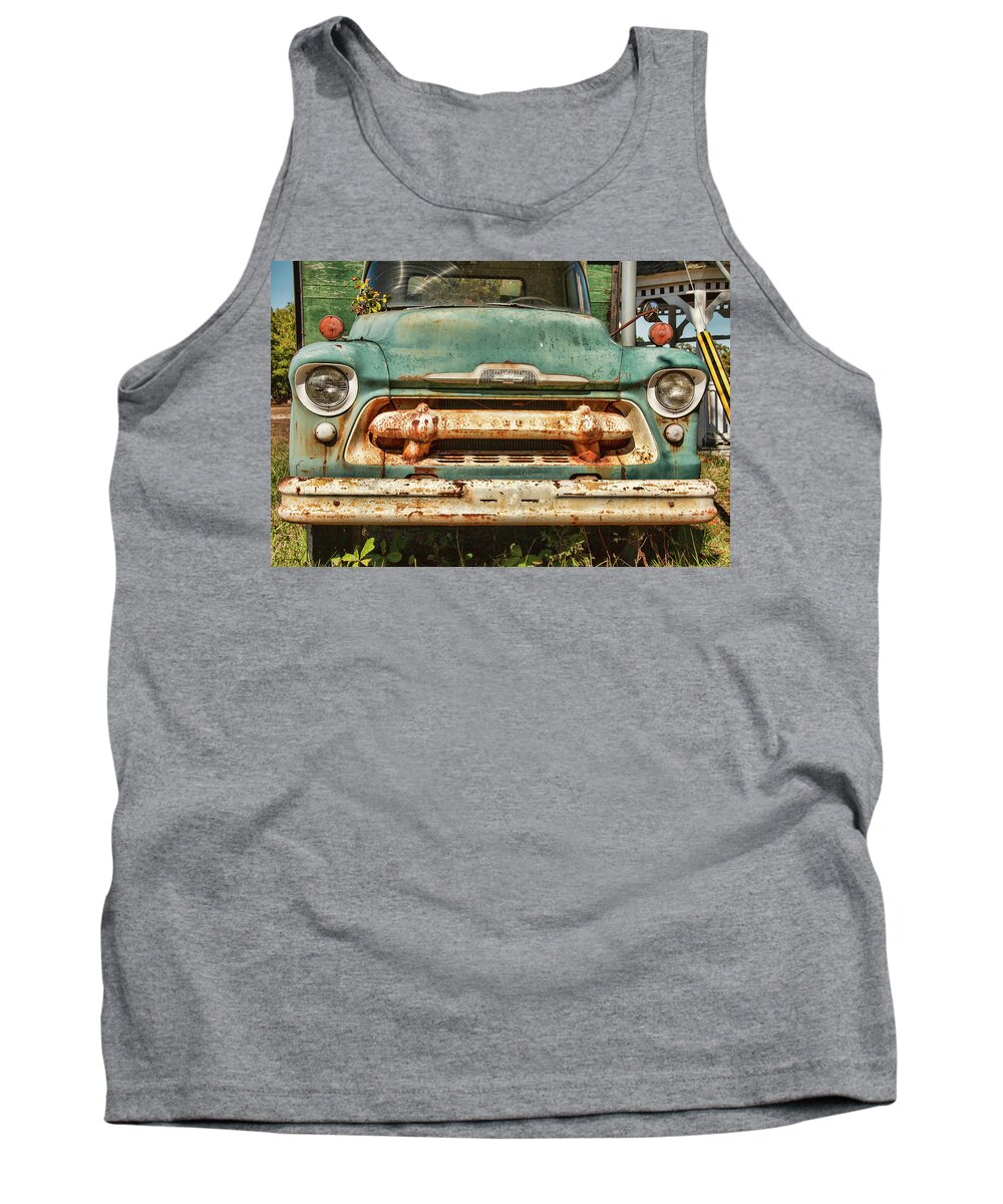 Chevrolet Tank Top featuring the photograph 1956 Junkyard Chevy 6500 Front by Kristia Adams
