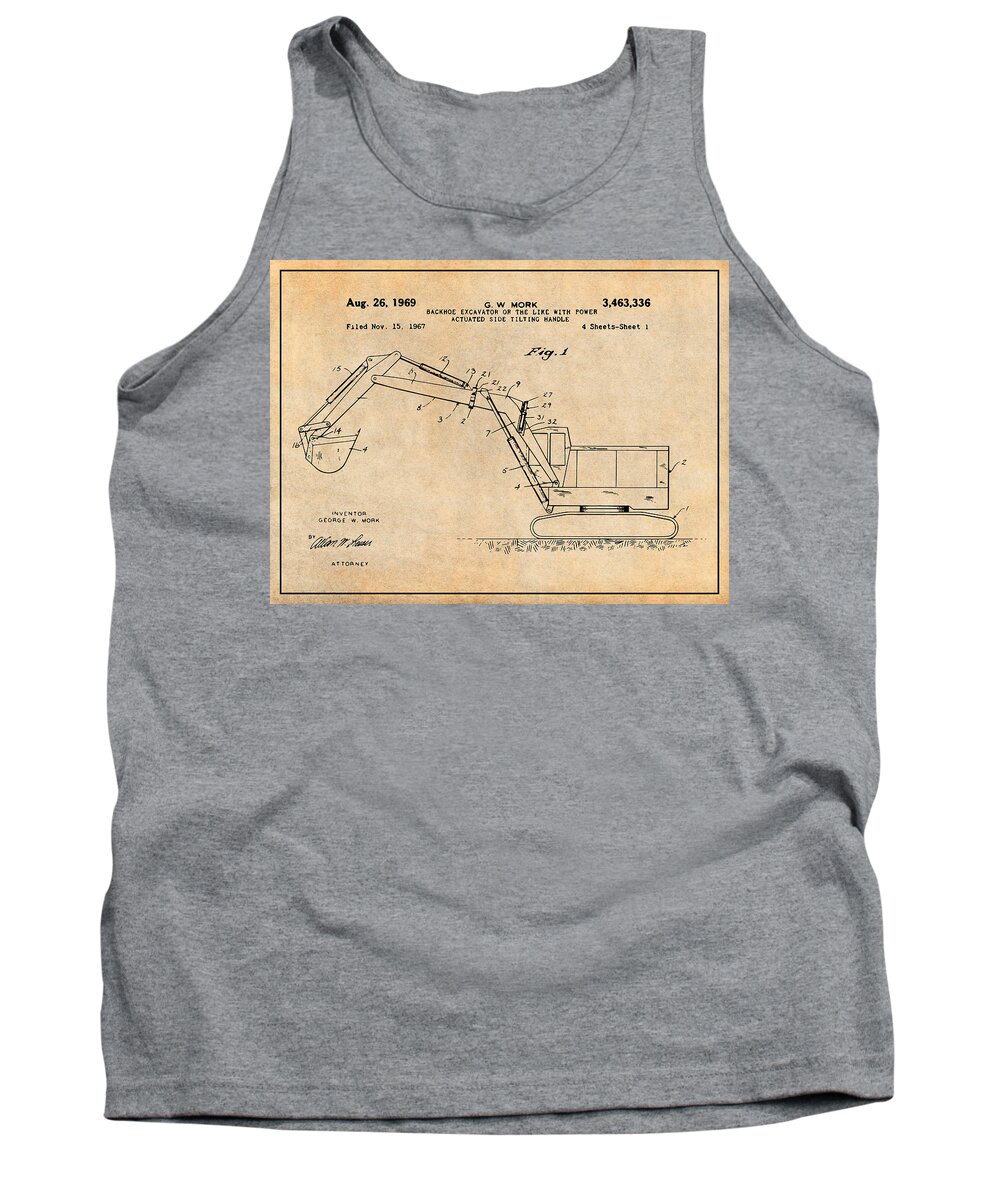 Backhoe Excavator Tank Top featuring the drawing 1969 Backhoe Excavator Patent Print Antique Paper by Greg Edwards