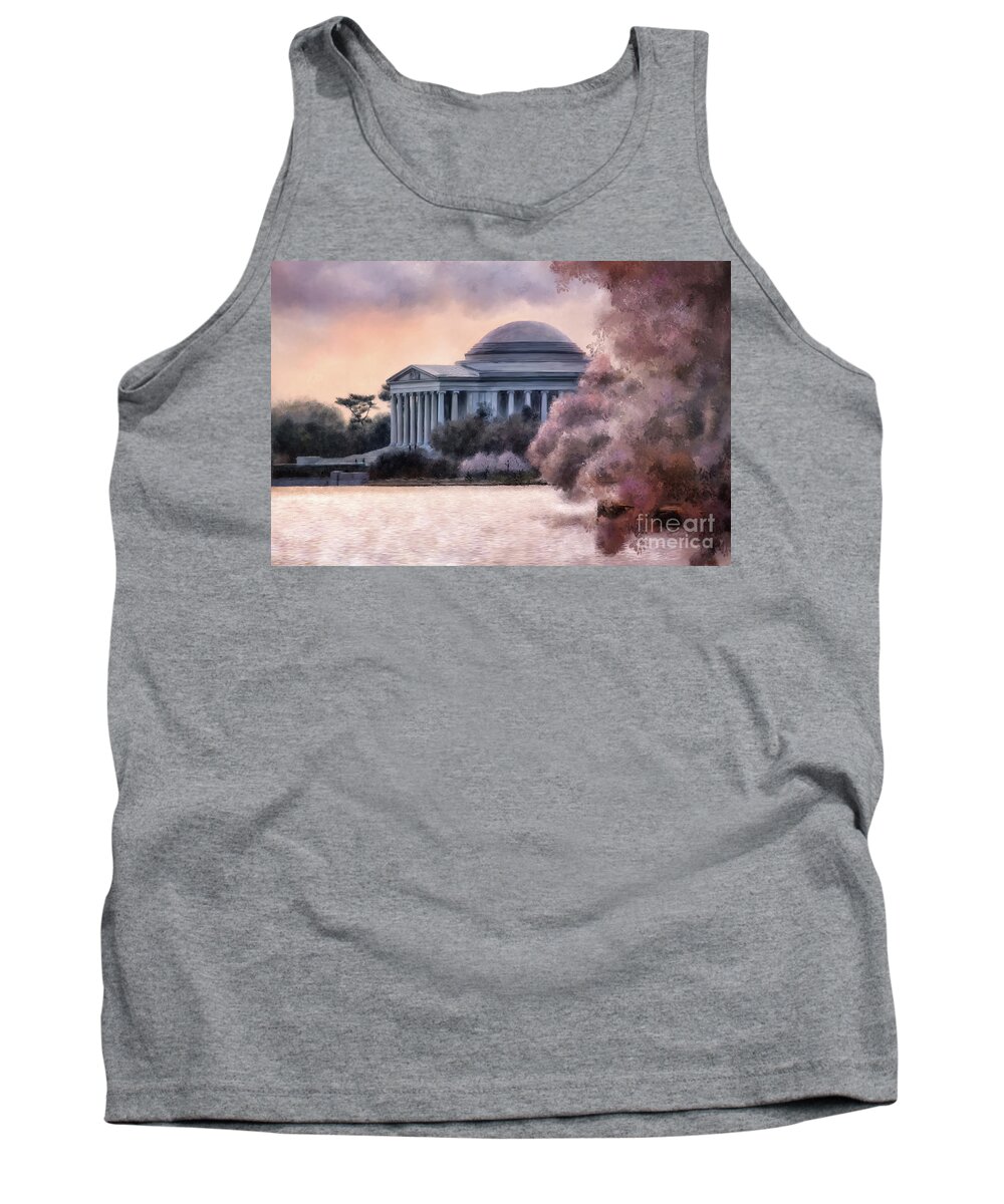 Jefferson Memorial Tank Top featuring the digital art A Cherry Blossom Dawn by Lois Bryan